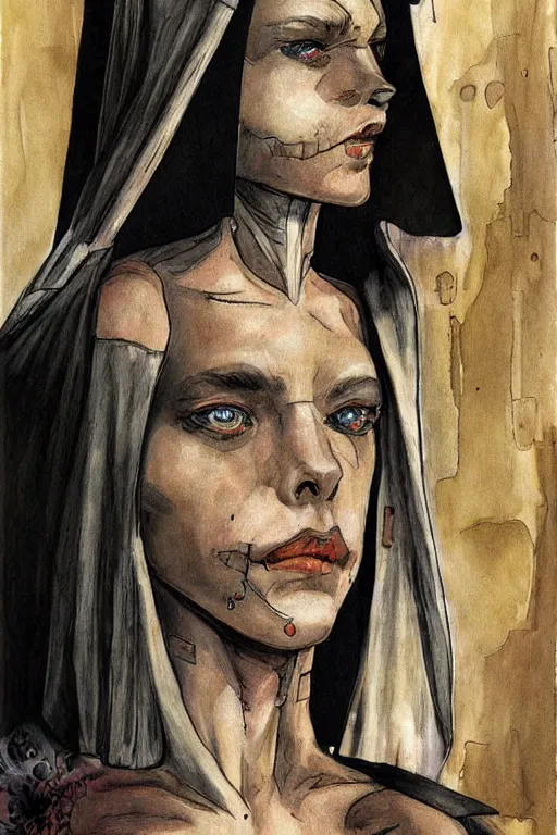 Image similar to portrait fashion model cyborg nun artwork by enki bilal