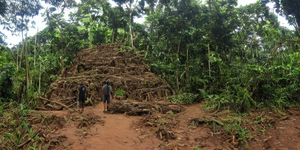 Prompt: exploration in the amazon rainforest discovering structures of an ancient civilization