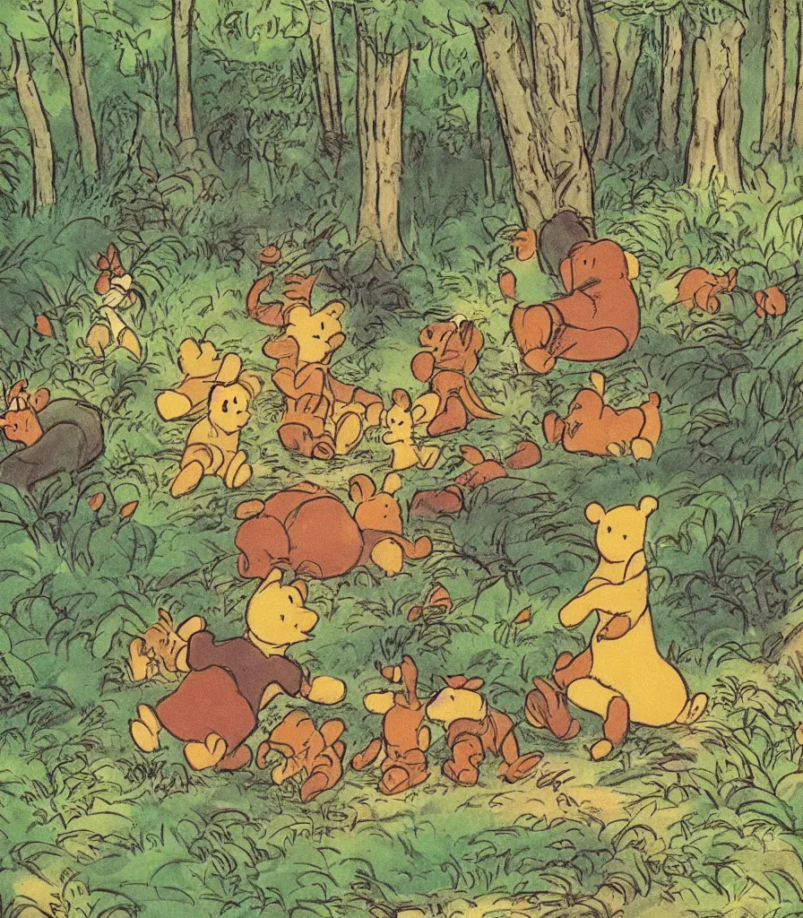 Image similar to a picture book illustration of a forest scene by a. a. milne featuring winnie the pooh and piglet