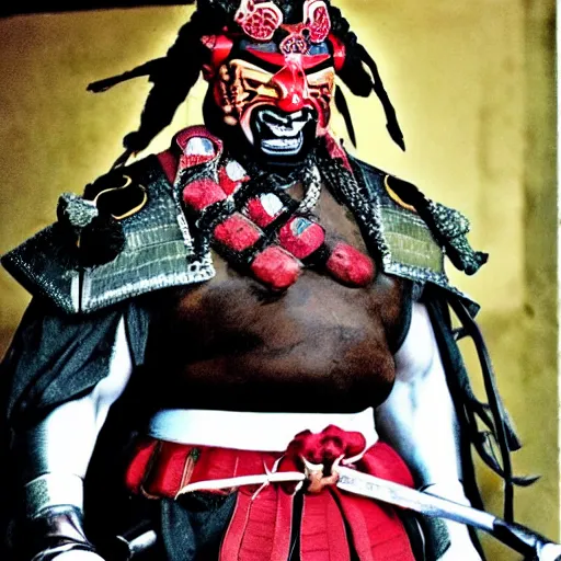 Image similar to big buff strong very buff samurai wearing an oni mask, movie still