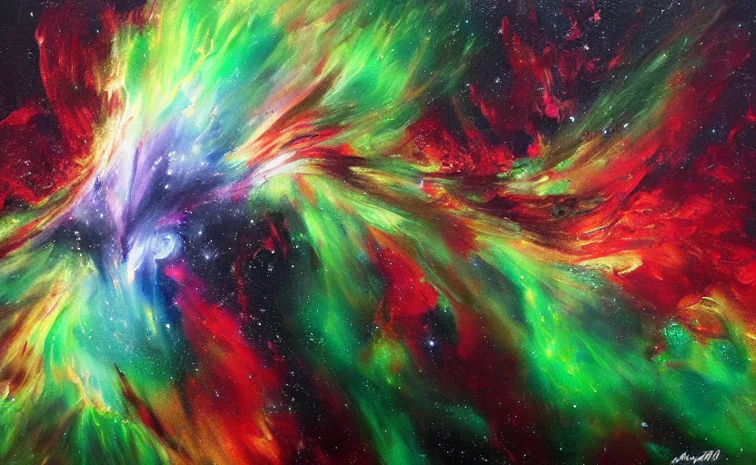 Image similar to an abstract oil painting of a beautiful space nebula, red and green; hyper-detailed; an extraordinary masterpiece!!!; flawless; trending on artstation