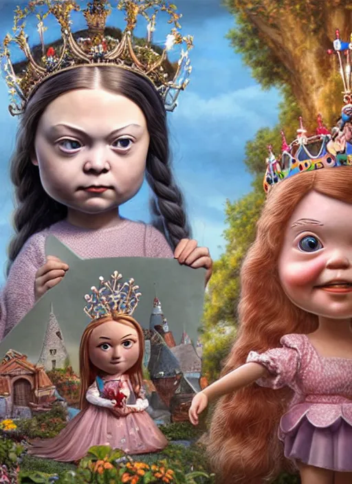 Prompt: highly detailed closeup, face profile portrait of greta thunberg as a tin toy fairytale princess wearing a crown eating cakes, bikini, unreal engine, nicoletta ceccoli, mark ryden, earl norem, lostfish, global illumination, detailed and intricate environment