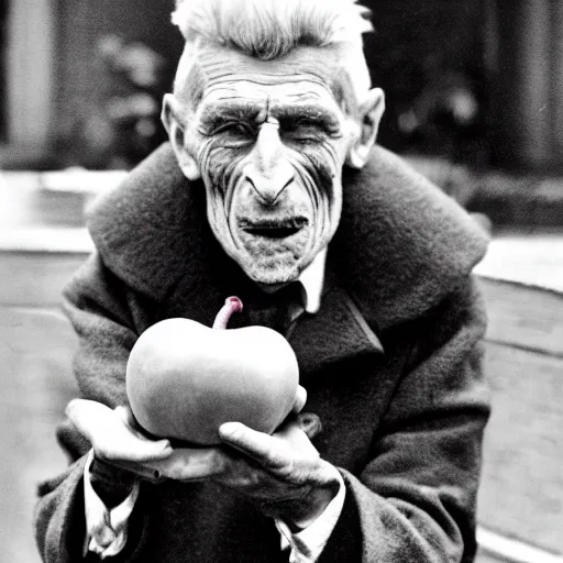 Prompt: samuel beckett's features on the face of a roast pig with an apple in its mouth