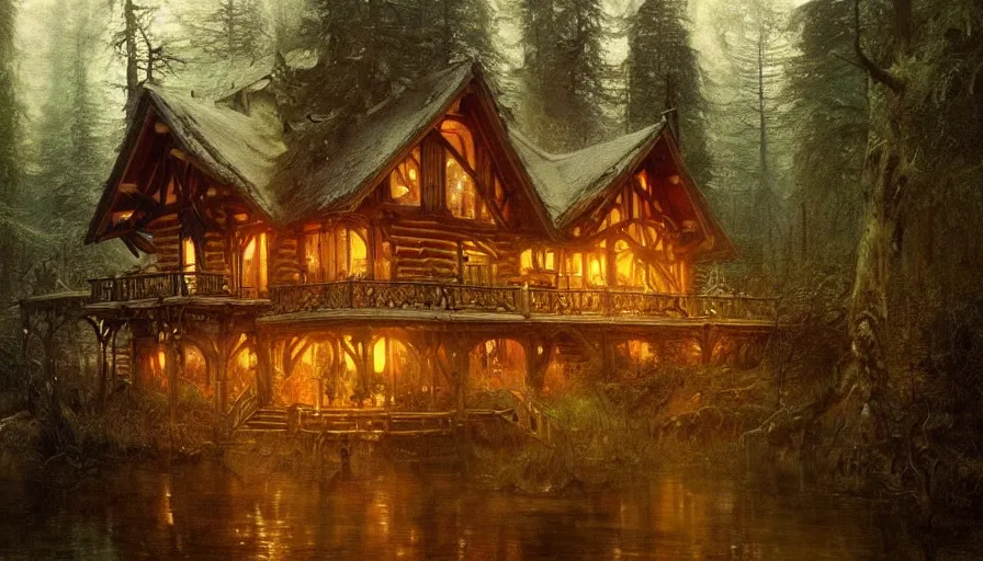 Prompt: a beautiful intricate painting of a log cabin in a dark evil fantasy forest, reflections, very high details by william turner art, greg rutkowski and alphonse mucha, trending on artstation, very very detailed, masterpiece,