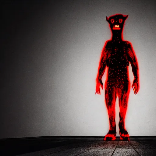 Image similar to cctv of an extremely dark empty room with glowing humanoid cryptid monster made out of static, dark deep black shadows, red and black color contrast in the style of trevor henderson and james ensor goya, liminal space, 3 d octane render, glitch effect