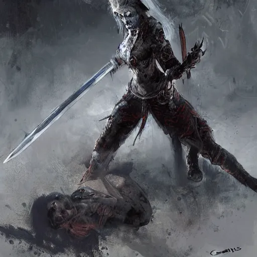 Prompt: a warrior woman with a stunning sword, dead zombie on ground, by craig mullins _ w 7 0 0