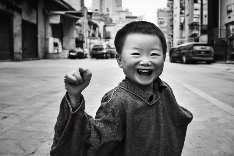 Prompt: still photo of a chinese child smiling at the camera on the street, black and white color aesthetic, highly detailed, photorealistic portrait, bright studio setting, studio lighting, crisp quality and light reflections, unreal engine 5 quality render