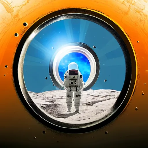 Image similar to alien landscape with futuristic portal to another alien planet, astronaut stepping through the portal