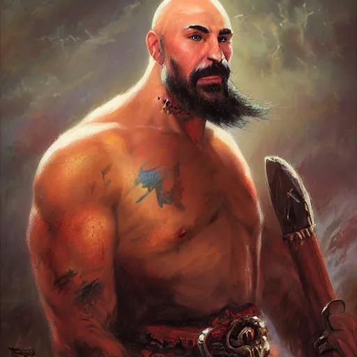 Prompt: a bald man warrior with a goatee, art by Tony sart, Thomas kinkade