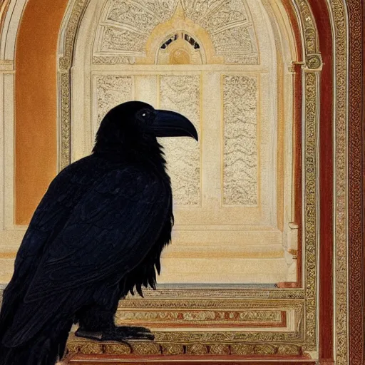 Prompt: beautifully detailed portrait of a detailed raven looking at a book laid out on a golden silk cloth, in a serene beautiful stone arched garden at beautiful sunrise by pascal blanche and frederic leighton and by rosetti and sidney cooper, 4 k, artstation