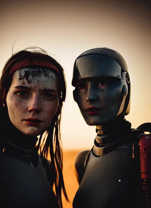 Image similar to cinestill 5 0 d photographic portrait of two loving female androids wearing rugged black techwear on a desolate plain with a red sky, extreme closeup, cyberpunk style, dust storm, 8 k, hd, high resolution, 3 5 mm, f / 3 2, ultra realistic faces, ex machina, by ashley gilbertson