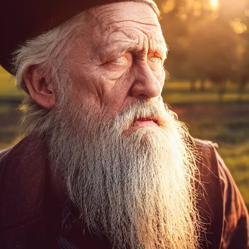 Prompt: scowling angry old wizard with a long white beard casting a spell, Tones of Black in Background, Golden Hour, Field of View, 2 Megapixels, 4-Dimensional