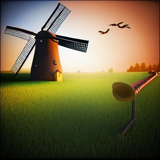 Prompt: farm theme, linux, windmill, broken pipe, 3 d art, digital illustration, perfect lighting