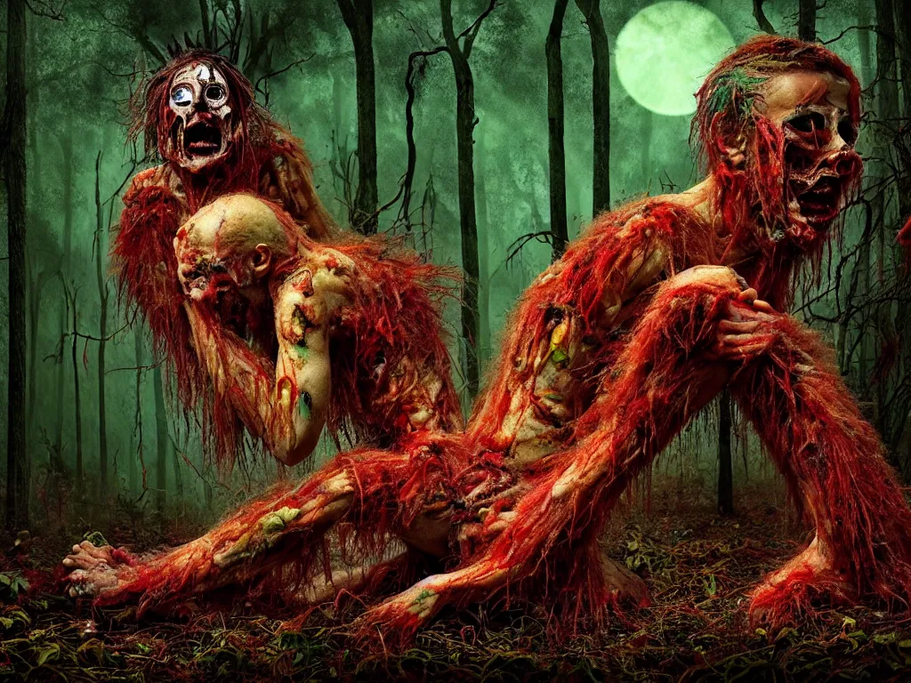 Prompt: a beautiful colorful ( flesh - eating ) gazipagmo with hair made of maggots and covered in raindow fur, eating the leg of a screaming man, in a creepy forest, schizophrenic hallucination, fear, morbid, nightmare, supernatural, 8 k, digital art, highly detailed, chiaroscuro, terrifying