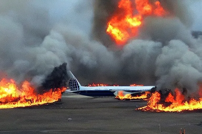 Image similar to “United Airlines boeing 777 landing in hell, surrounded by fire”