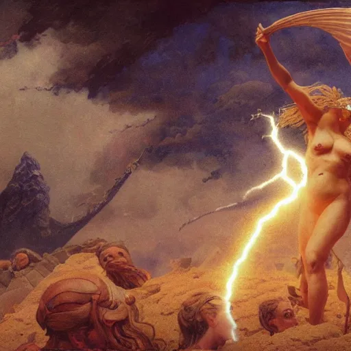 Prompt: Bright explosive Birth of Athena from the head of lightning god Zeus, hyperrealism, no blur, 4k resolution, ultra detailed, style of Greg Rutkowski, Carlos Schwabe, Dragan Bibin, Carl Spitzweg, Georges Desvallières, Tyler Edlin, Frank Frazetta