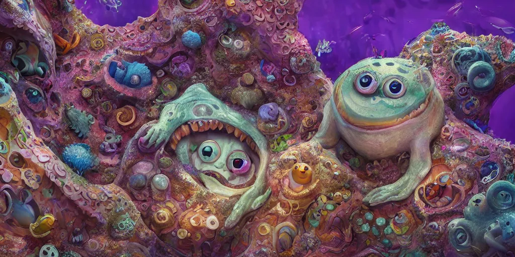 Image similar to of an intricate sea reef with strange cute friendly happy creatures with huge eyes, mouth, long tongue, round teeth and goofy face, appearing from the background, in the style of gehry and gaudi, macro lens, shallow depth of field, ultra detailed, digital painting, trending artstation, concept art, illustration, cinematic lighting, photorealism, epic, octane render