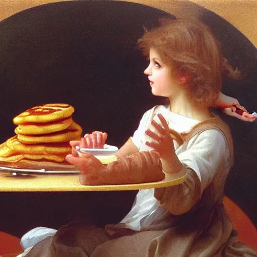 Prompt: an oil painting of an angel inside McDonald's eating pancakes, by Bouguereau, highly realistic and intricate