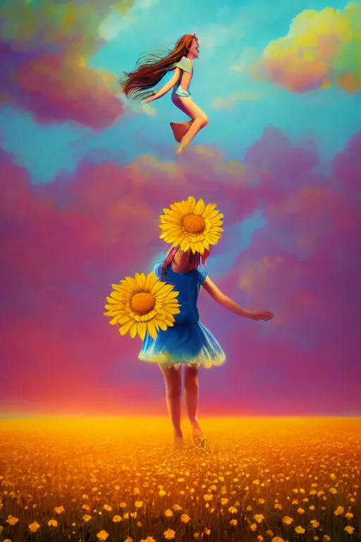 Image similar to giant daisy flower as head, girl dancing in a flower field, surreal photography, sunrise, dramatic light, impressionist painting, colorful clouds, digital painting, artstation, simon stalenhag