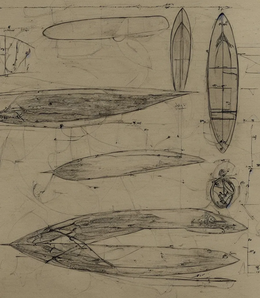 Image similar to blueprint sketch of a beautiful surfboard painted by leonardo da vinci, technical sketch, high detail, charocal drawing, firewire gofish