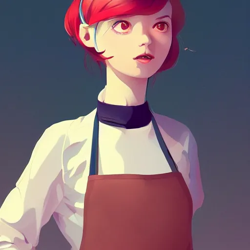 Image similar to a very very very very beautiful full body portrait of a young woman wearing an apron, kantoku, james gilleard, lois van baarle, ilya kuvshinov, rossdraws, very detailed, matte, gaussian blur, tone mapped