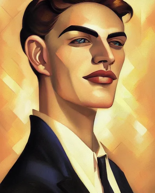 Image similar to portrait of a smiling man, art deco style, beautiful, elegant, mesmerizing, concept art, highly detailed, smooth, fantastical, artstation, deviantart, trending, by tamara de lempicka, sana takeda