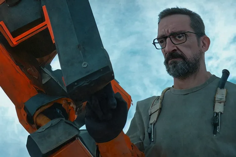 Image similar to vfx movie closeup real life gordon freeman holding wearing futuristic armor, half life logo on chest, crowbar in russian train yard by emmanuel lubezki