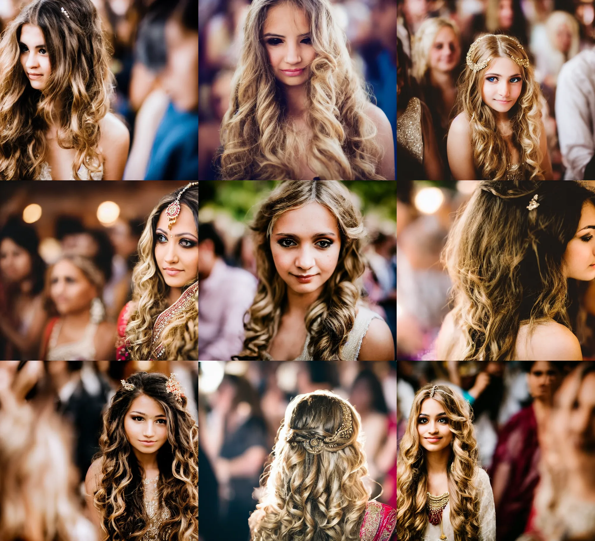 Prompt: a beauty with blonde wavy long hair and brown eyes attending weddings become the focus of the audience, bokeh