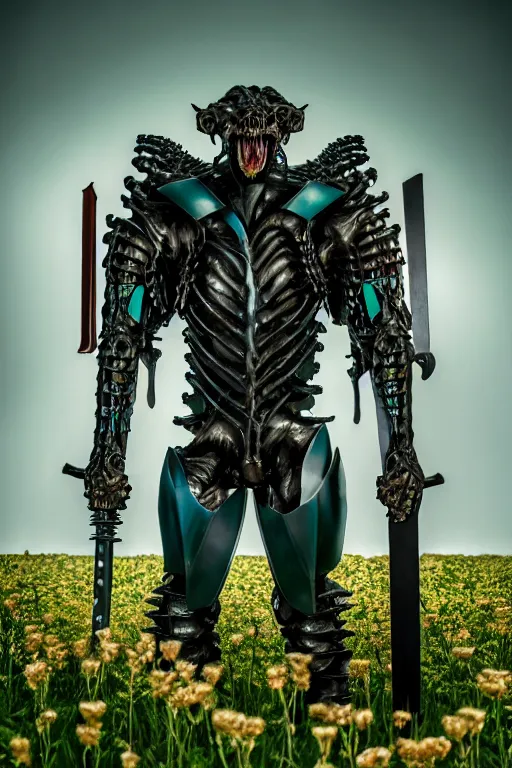 Image similar to neo - gothic giant muscular humanoid chimera, exoskeleton armor, holding katana, standing in a field of flowers, highly detailed smooth concept art masterpiece, vitaly bulgarov giger dramatic dark teal light, ground angle hd 8 k, sharp focus