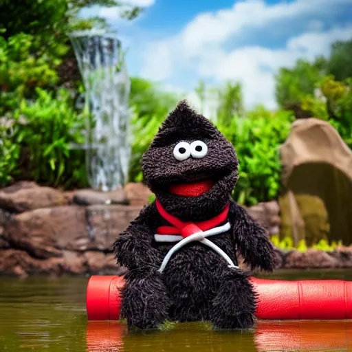 Image similar to a fluffy chocolate brown karate loving muppet bunny wearing cool black ninja clothes with a red belt and practicing her karate out in nature by a koi pond, photorealistic, photography, ambient occlusion, rtx, national geographic, sesame street