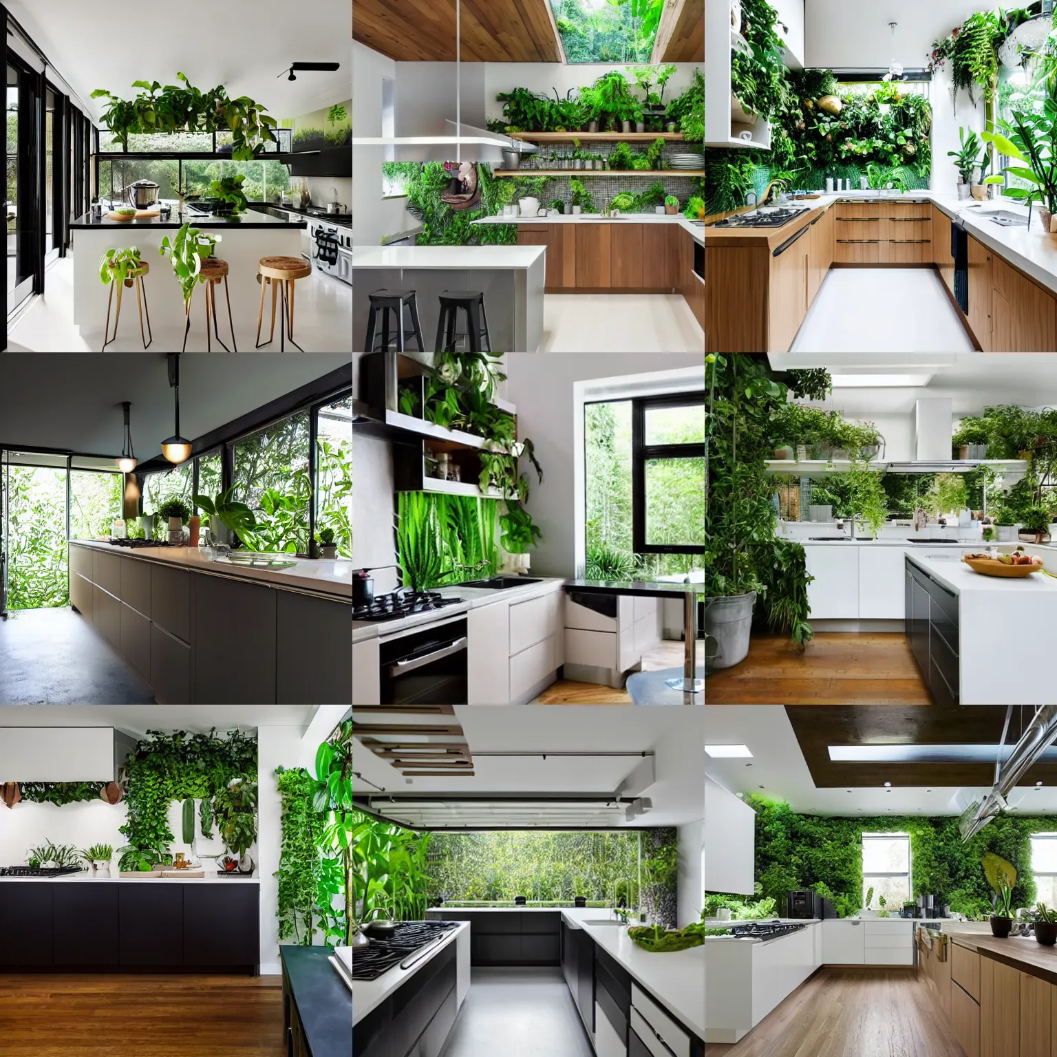 Prompt: a modern kitchen with a lush jungle growing inside it