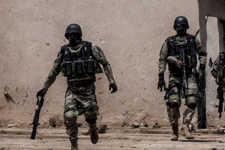 Prompt: Mercenary Special Forces soldiers in grey uniforms with black armored vest and black helmets in urban warfare in Africa 2022, Canon EOS R3, f/1.4, ISO 200, 1/160s, 8K, RAW, unedited, symmetrical balance, in-frame, combat photography