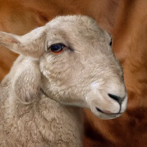 Image similar to lamb and goat fused as one, scientific photo, scary photo, high detail