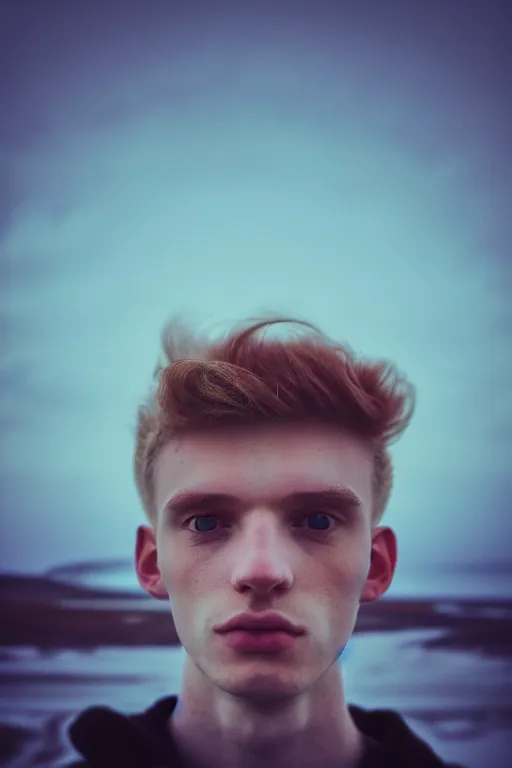 Image similar to high quality pastel coloured film mid angle selfie photograph of a beautiful young 2 0 year old male, soft features, standing in an icelandic black rock environment. atmospheric. three point light. photographic. art directed. ( pastel colours ). volumetric light. stark. waves glitch. 8 k. filmic.