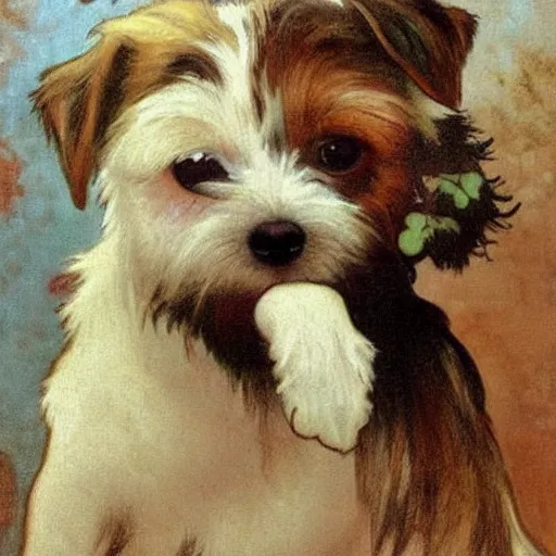 Image similar to a high quality painting of a very cute scruffy wire haired jack russell terrier puppy, white with chocolate brown spots, brown patches over both eyes. friendly, curious expression. painting by alphonse mucha