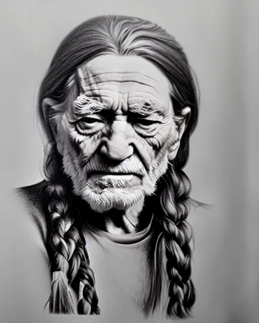 Prompt: a photorealistic portrait of willie nelson with head ban, pencil drawing