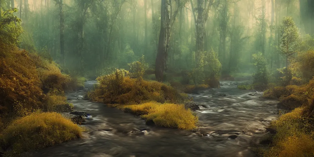 Prompt: A river running through a forest on Mars, cinematic lighting, detailed oil painting, hyperrealistic, 8k