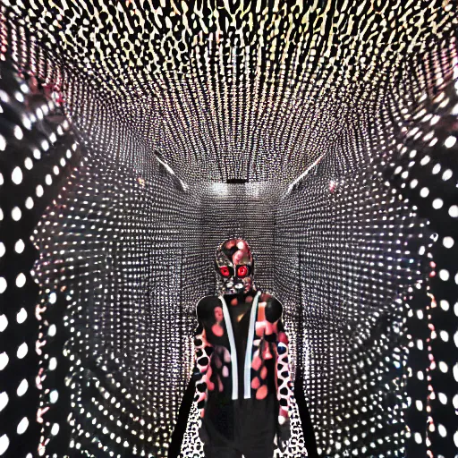Image similar to photo, a man wearing a shiny chrome polygonal costume standing inside a yayoi kusama infinity mirror room