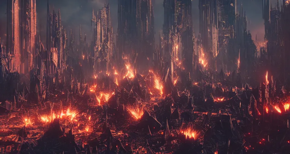 Prompt: giant thick angular Spikes explode out of the ground in a gothic medieval cyberpunk city, debris flying around, the feeling of grimdark terror and pain, high quality, detailed, 8k, unreal engine, octane render, trending on artstation