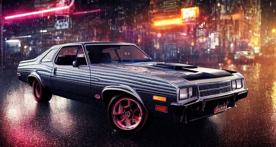 Image similar to close up macro shot of a 1 9 7 3 ford xb falcon gt car on wet city street at night, intricate, hyper detailed, smooth, high contrast, neon, volumetric lighting, octane, moebius, greg rutkowski, blade runner, ripley scott, cindmatic