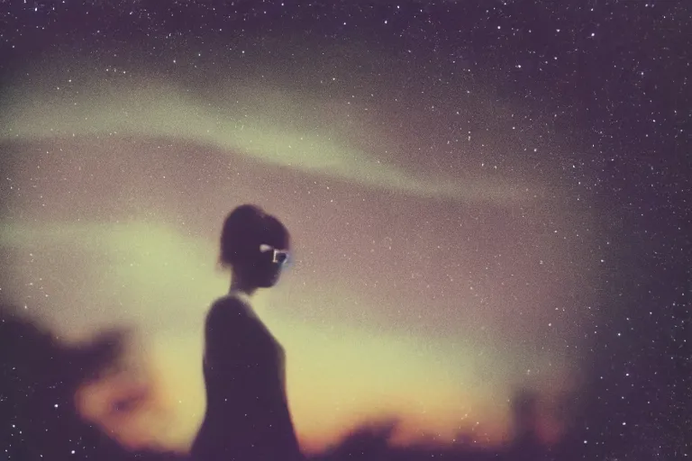 Prompt: blured girl on night vision, focused background galaxy, polaroid photo