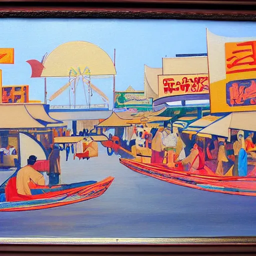 Prompt: an Art Deco painting of an asian night market on the water