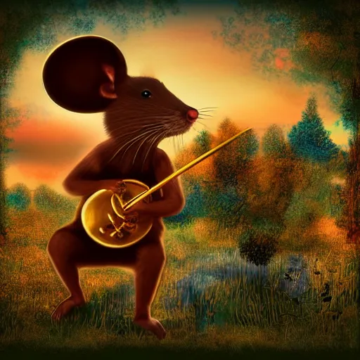 Image similar to musician mouse with drum, fantasy forrest, golden hour, digital art, medium shoot