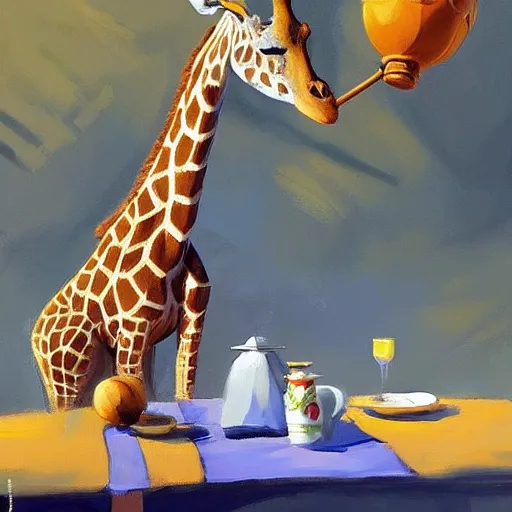 Image similar to a giraffe dressed like an astronaut drinking tea with queen isabel, trending on artstation, art by greg manchess, guangjian, detailed digital art, artstation hd