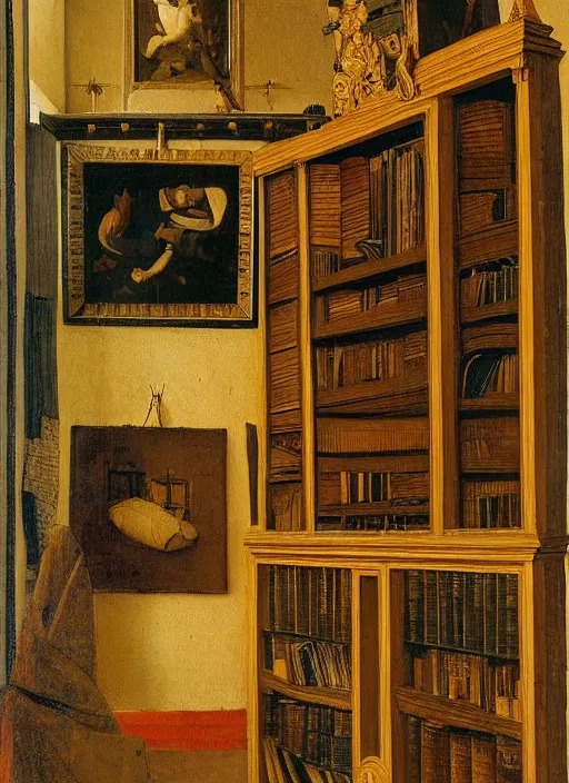 Image similar to bookshelves and drawing materials, paints, brushes, medieval painting by jan van eyck, johannes vermeer, florence