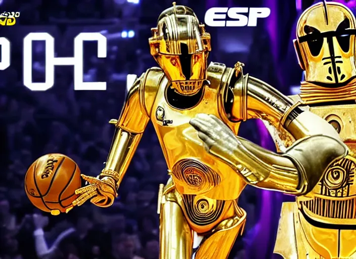 Image similar to ESPN still of C-3PO playing in the nba playoffs live on espn, 4k