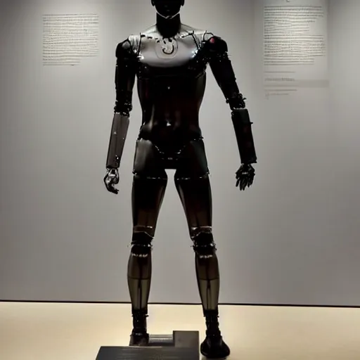 Image similar to “a realistic detailed photo of a guy who is an attractive humanoid who is half robot and half humanoid, who is a male android, Cristiano Ronaldo, shiny skin, posing like a statue, blank stare, at the museum, on display”