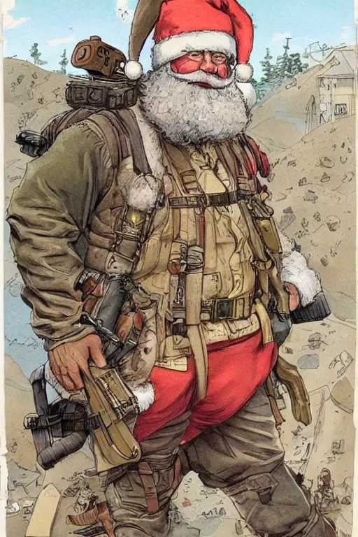 Image similar to concept of Santa Claus holding a M61 Vulcan and wearing an army harness vest full of pouches, by Geof Darrow and Simon Bisley, detailed, full body