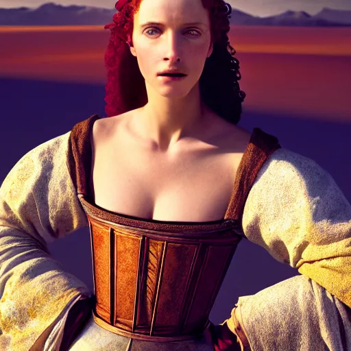 Prompt: photographic portrait of a stunningly beautiful middle ages renaissance female in strong sunshine on a salt flat, contemporary fashion shoot, by edward robert hughes, annie leibovitz and steve mccurry, david lazar, jimmy nelsson, breathtaking, 8 k resolution, extremely detailed, beautiful, establishing shot, artistic, hyperrealistic, beautiful face, octane render