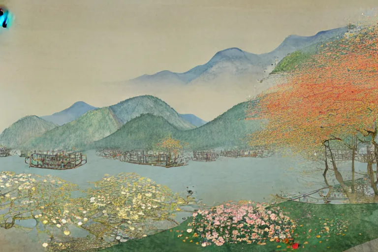 Image similar to an ultradetailed landscape painting of westlake in china hangzhou, light yellow may flowers blossoms nearby, autumn wind, chinese water color, smooth, sharp focus, illustration, by hilma af klint, 8 k